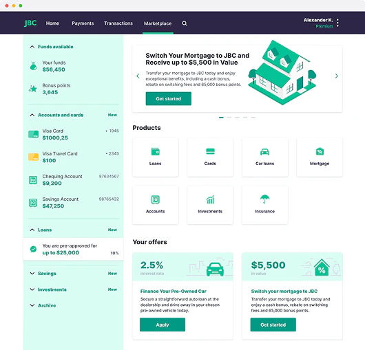 Online banking dashboard showing funds available, accounts, loans, and personalized mortgage offers with options to apply and get started.