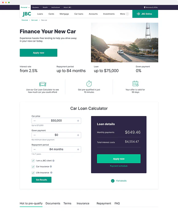 Online car loan calculator interface showing options for car price, down payment, repayment period, with monthly payment and total interest costs displayed, plus an 'Apply now' button.