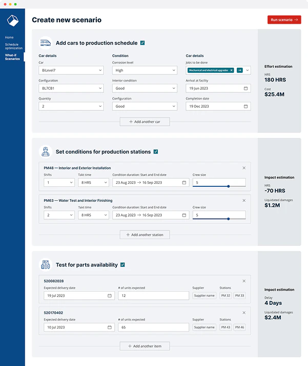 User interface for creating a production scenario with sections to add cars to schedule, set conditions for production stations, and test parts availability, displaying effort and impact estimations.