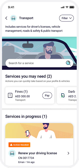 Mobile app screen displaying Transport services including fines and driving license renewal with an action needed alert.