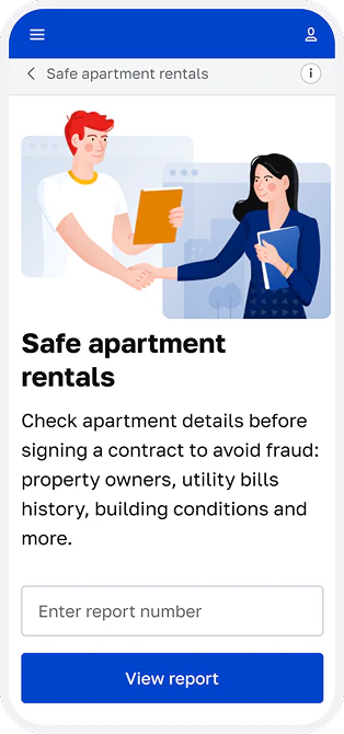 Mobile app screen titled Safe apartment rentals with an illustration of a man and woman shaking hands, and text advising to check apartment details before signing a contract to avoid fraud, with a field to enter report number and a View report button.