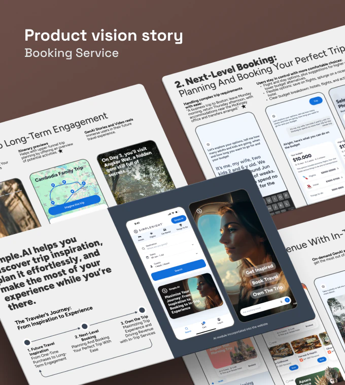 Product vision story for a booking service, showing future UX concepts and example mobile screens