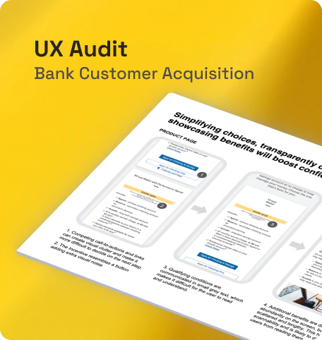 UX audit for a bank customer acquisition flow, highlighting usability issues and recommended fixes