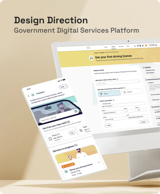 Design direction for a government digital services platform, showing responsive UI across mobile and desktop